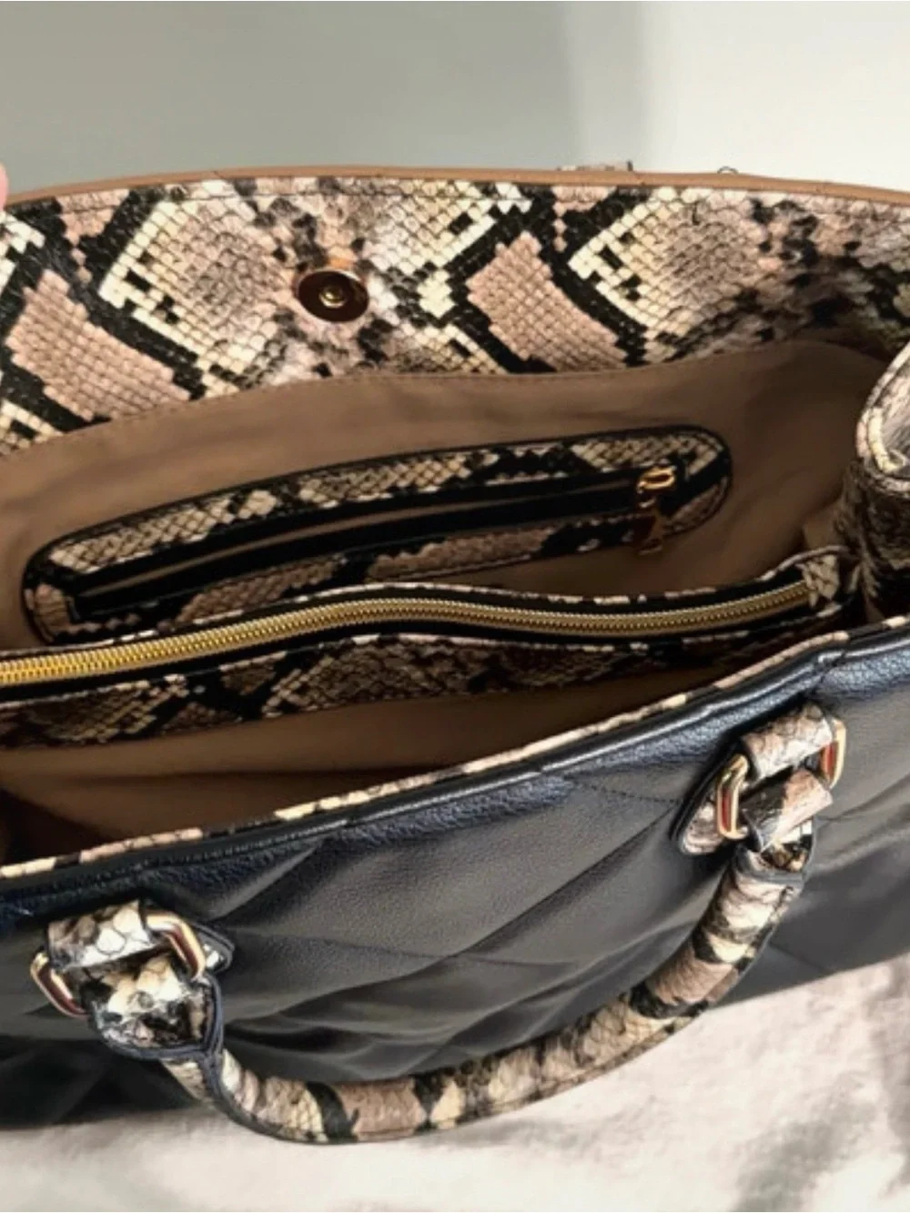 Chico’s Structured Camel and Black Tote Handbag with Snake-Print Trim NWOT